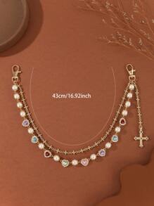 1pc Punk Style Faux Pearl & Rhinestone Heart Cross Pendant Jeans Chain, Unisex Street Fashion Party Waist Chain Accessory