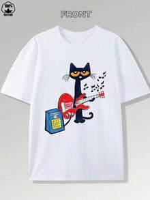Dynamic Music Guitar Kitten Print-Shirt – 220g, Cotton Short Sleeve Round Neck Top, Fashionable Casual Premium Men's-Shirt – High-Quality Cartoon Print Design, Soft And Breathable, Loose Fit, Music Lovers And Kitten Enthusiasts NXHV - 白色 - 查看 12