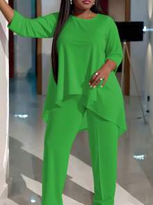 Plus Size Women's Fashionable Two-Piece Suit, Short Top In Front And Long Back Solid Color Trousers Suit, Casual Two-Piece Suit - Green - View 1
