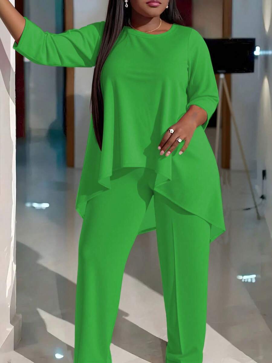 Plus Size Women's Fashionable Two-Piece Suit, Short Top In Front And Long Back Solid Color Trousers Suit, Casual Two-Piece Suit - Green - View 1