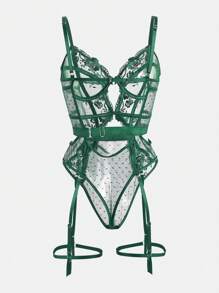 Women's Sexy Embroidered Teddy Lingerie Set - Dark Green - View 2