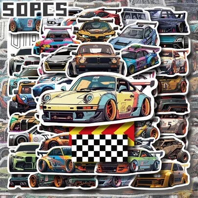 50 件酷炫改装车主题乙烯基 2D 平面贴纸包，不重复，精致装饰，可移除贴花，无残留，非常适合返校季礼物、班级奖励、圣诞节、万圣节礼物、节日礼物、派对和家居装饰、生日礼物、笔记本电脑、汽车行李箱、滑板车手册、杯子、平板电脑、笔记本、水瓶、手机壳，高分辨率打印，色彩鲜艳，适合学生、青少年、办公室工作人员的有趣礼物