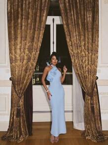 New Solid Color Long Dress Style Temperament Elegant Slim Flower Slanted Shoulder Dress