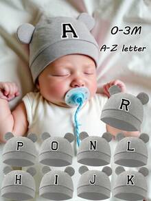1pc Newborn A-Z Letter Hospital Hat, Cartoon Bear Ear Soft Solid Color Knit Beanie Cap For Baby Boys Girls, Newborn Photography 0-3 Months - Grey - View 1