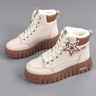 Women's Lace-Up Ankle Boots With Star Decor, Side Design, Short Shaft Lace-Up Motorcycle Boots, Fashionable And Elegant, Patchwork Design Chunky Heel, White And Nude Booties For Autumn/Winter