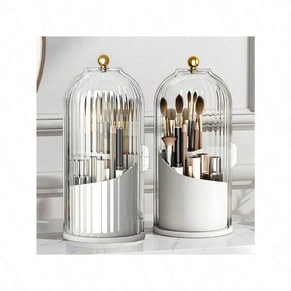 360-Degree Makeup Brush Storage Box With Transparent Cover 360-Degree Rotating Sliding Opening Dust Brush Container, Suitable For Vanity, Bathroom Room