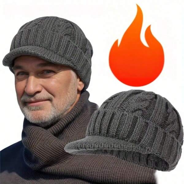 1pc Men's Short Brim Baseball Cap, Warm Knitted Beanie With Thermal Lining For Middle-Aged And Elderly, Winter Autumn Outfits Fluffy