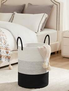 1个手工编织储物篮，带木珠装饰，全新带提手，编织储物盒，藤编洗衣篮，洗衣篮，可折叠洗衣篮，储物篮，浴室脏衣篮，绳编洗衣篮，客厅/卧室洗衣篮，编织储物篮，波西米亚风格高绳篮，适合存放毯子、玩具、枕头、毛巾和婴儿用品，由黄麻材料制成。 - 黃色 - 查看 3