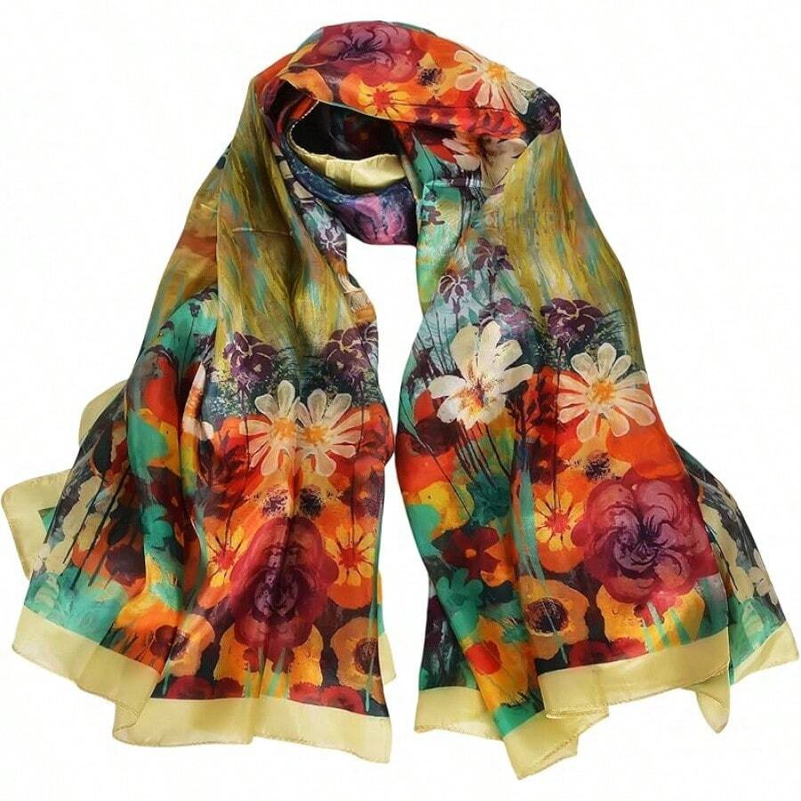 100% Mulberry Silk Scarf For Women Lightweight Long Scarves Beach Wraps Cover Up -Travel Photography Scarfhalloween - 藍綠色花卉 - 查看 1