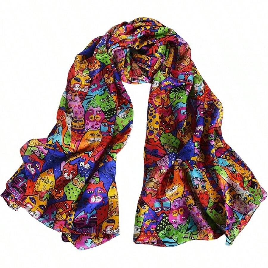 100% Mulberry Silk Scarf For Women Lightweight Long Scarves Beach Wraps Cover Up -Travel Photography Scarfhalloween - 藍紅貓 - 查看 1