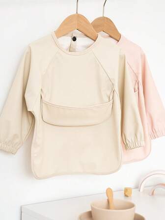 1件柔软涤纶长袖围兜，带口袋，防水喂食围兜，纯色，易清洁设计，可机洗，适合婴幼儿