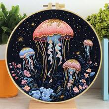 1 件刺绣套装，20x20cm/7.9x7.9 英寸，美丽的水母图案，适合成人和初学者的手工 DIY 刺绣套装，包括绣花布、说明书、绣花绷和针，适合送给朋友或家人的节日礼物、家具、办公室手工艺术品