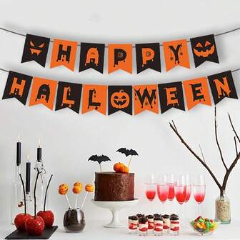 AFYPRTY 1 set banner de petrecere din hârtie de Halloween, fanioane de Halloween fericit, potrivite pentru decorarea de Halloween, decorarea petrecerii, decorarea casei, consumabile pentru festivaluri