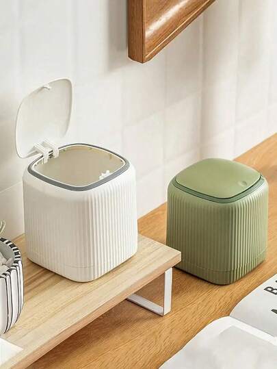 1pc Luxury Mini Trash Can With Press-Top Lid - Odor-Sealed, Double Barrel Design, Ideal For Home, Office, And Car Use - Available In Beige, Brown, And Green, Kitchen & Bathroom Waste Bin, Home Decoration | Modern Mini Trash Can | Plastic Construction, Trash Can For Home,Tiny Desktop Waste Garbage Bin For Bathroom, Home Office Desk Decor,Coffee Table, Office, Living Room, Study, Kitchen, Vanity Tabletop, Bedroom, Bathroom