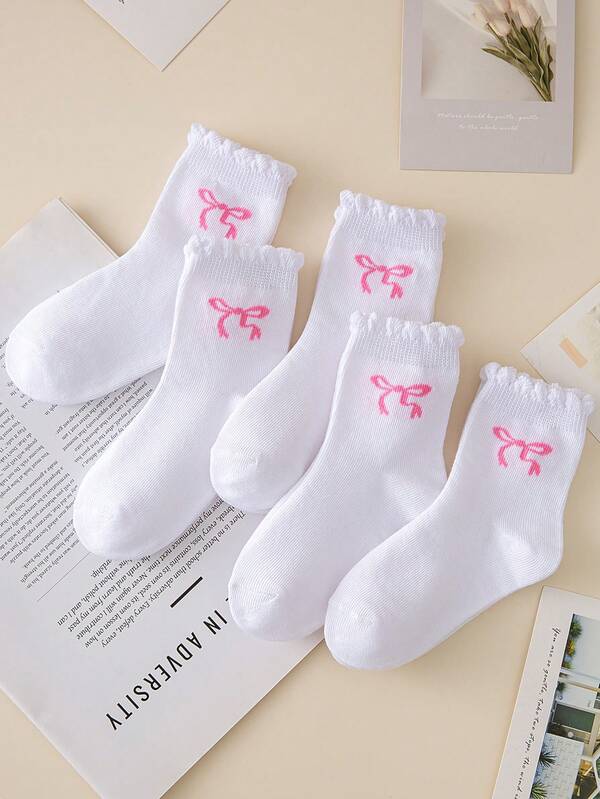 5 Pairs Solid Color Children's Socks/School Socks, White Mid-Calf Socks With Lace Trim, Cute Bow Decor, Soft & Comfortable, Versatile For Casual, Sports, School Wear