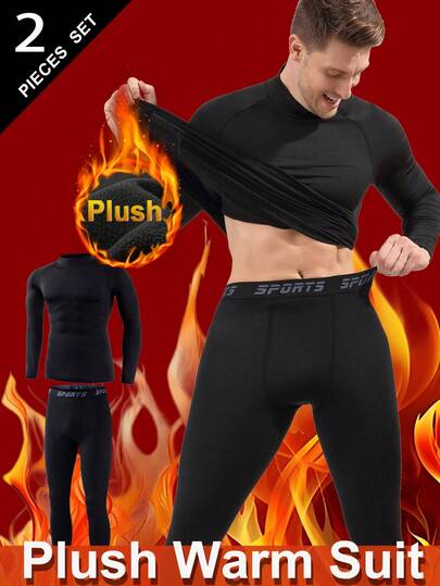 Men's Thermal Underwear Set, Thermal Lined, Thick Warm Base Layer Top And Bottom, Solid Color Long Sleeve Crew Neck Shirt And Pants, Suitable For Cold Weather, Outdoor, Skiing