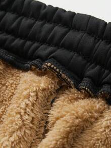Pantalones de chándal con forro térmico para hombres de talla grande, pantalones rectos con cordón y bordado de sherpa, adecuados para invierno y otoño - Negro - Ver 5