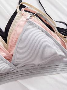 4件套纯色罗纹简约无钢圈透气运动文胸和内裤套装女士 - 彩色 - 查看 4