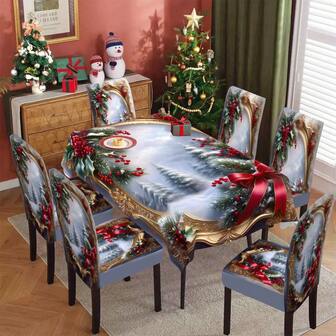 1/4/5/6/7/36pcs Winter Pine Tree & Holly Berry Print Chair Cover/Seat Cushion Set, Suitable For Indoor Home, Restaurant, Hotel, Ideal Choice For Modern Daily Decor. Tablecloth Fits Square Dining Table, Elastic Chair Covers Are Washable.