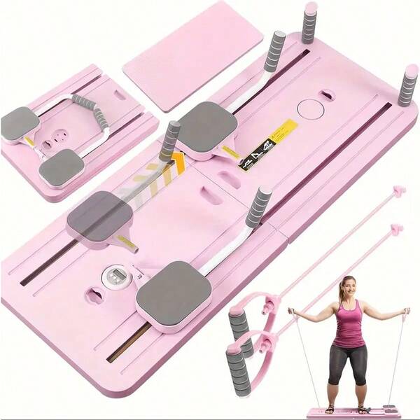 5-In-1 Foldable Pilates Board - Portable Multipurpose Resistance Trainer With Resistance Bands And Handles, Purple. It Is An Ideal Choice For Core Strength, Muscle Toning And Flexibility Training