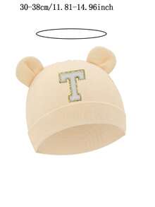 1顶新生儿A-Z字母医院帽，卡通熊耳朵柔软纯色针织帽，男女通用婴儿摄影道具，适合0-3个月宝宝 - 米色 - 查看 7