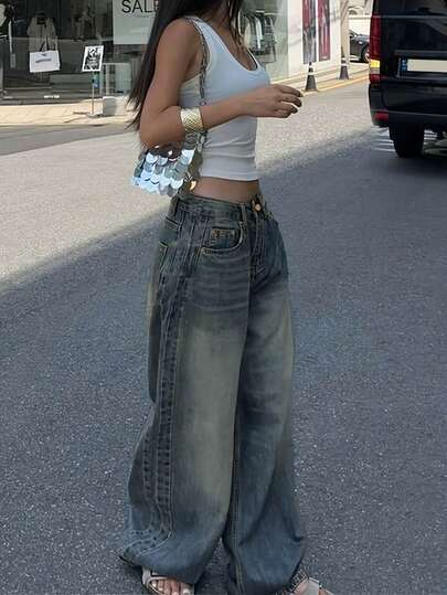 Vintage Washed Blue Wide Leg Jeans, American Loose Casual Wide Leg Dragging Pants, Women's Fashion Spring/Summer