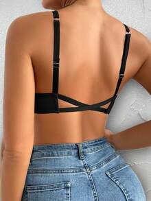 Áo ngực nâng ngực gợi cảm, Áo ngực không gọng, không đường may, cài trước, dây chéo sau, Áo lót hai dây cơ bản, màu trơn, thoải mái, cài nút phía trước, ôm sát. - màu đen - Xem 4