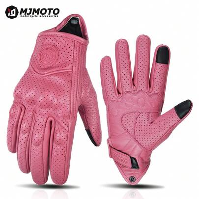MJMOTO Guantes de motocicleta de cuero de cabra rosa retro para mujer, guantes de carreras de motocross con carcasa dura protectora para motocicleta, tallas XS-M