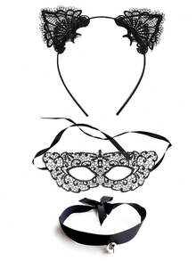 D EXCEED 2/3/4/5 pièces Ensemble de serre-tête à oreilles de chat en dentelle, masque pour les yeux et collier à clochette pour femmes - pour le cosplay d'anime, les fêtes d'Halloween - Multicolore - Voir 5