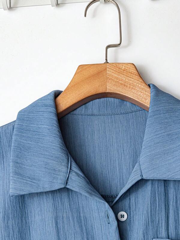 Women's Long Sleeve Solid Color Pocket Front Button Down Long Shirt