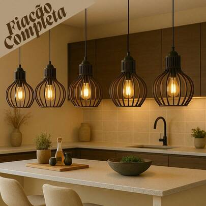 5 Pendentes Luminaria De Teto Area De Churrasco Balcão de Cozinha Cor Madeira Crua - 5ppc