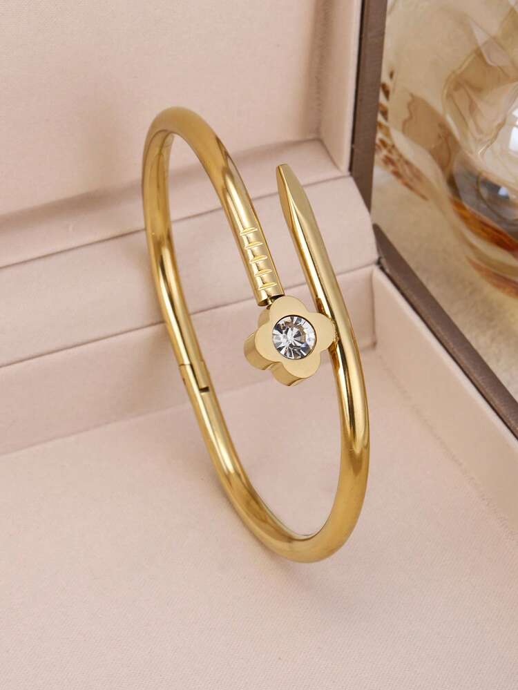 Braccialetto elegante e alla moda in acciaio inossidabile con quadrifoglio e fiore in zirconia, accessorio gioiello versatile per le donne, adatto per un uso elegante quotidiano e per le feste, un regalo ideale - Dorato - Visualizzare 7