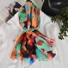 100% Mulberry Silk Scarf For Women Lightweight Long Scarves Beach Wraps Cover Up -Travel Photography Scarfhalloween - 橘藍 - 查看 5