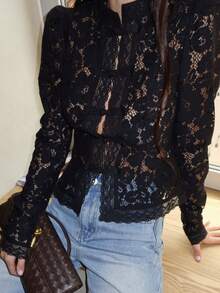 Women Lace Shirt, Long Sleeve Shirt Button-Down Slim Fit Elegant Fall Sheer Tops Clubwear - màu đen - Xem 3