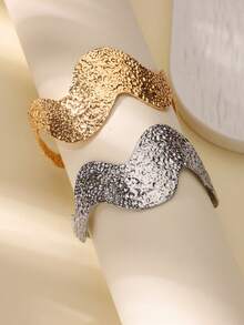 1 件时尚金色不锈钢波浪开口袖口手链，纹理几何宽手镯，适合女士，派对/节日珠宝礼物 - 金黃色 - 查看 7