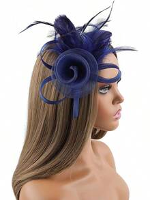 Fascinators Hats Women,Tea Party Fascinator Hair Clip With Feathers Wedding,Derby Hats Headbands - Ha9462-xanh nước biển - Xem 3