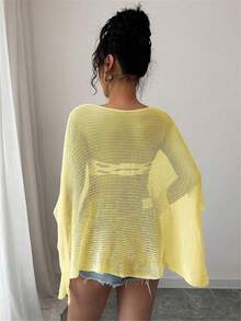 Women Sheer Mesh Poncho Top Crochet Knit Lightweight See Through Shawl Wrap Summer Oversized Loose Shrug Beachwear Swimsuit Bikini Cover Ups - 黃色 - 查看 5
