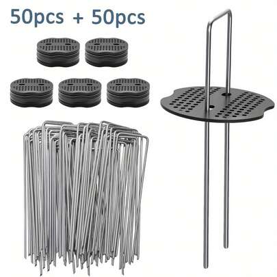 Shoze 100pcs 50pcs U-Shaped Ground Spikes + 50pcs Mat U-Shaped Ground Spikes Lawn Ground Covering Nails Outdoor Tent Nails Garden Carpet Nails Galvanized Steel Nails Anti-Grass Ground Nails
