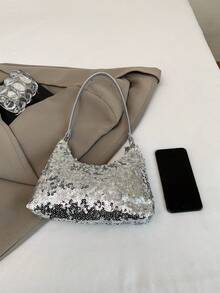 1pc Fashionable Sequin Silver Tote Bag, Casual Women's Shoulder Bag, Versatile White Backpack - Silver - View 8