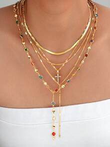 (随机水晶数量) 5 件简约水晶奢华十字架多层项链套装，Y 形链长项链，女士毛衣链，适合休闲、派对、婚礼、送给朋友、爱人、暑假的礼物 - 彩色 - 查看 2