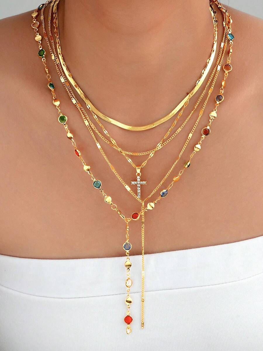 (随机水晶数量) 5 件简约水晶奢华十字架多层项链套装，Y 形链长项链，女士毛衣链，适合休闲、派对、婚礼、送给朋友、爱人、暑假的礼物