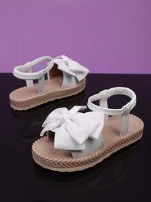 1 Pair Plus Size White Flat Sandals For Toddler Girls, Solid Color PU Adjustable Buckle Bow Decor, Open Toe Comfortable Cute Roman Sandals Suitable For 3-15 Years Old Students Daily, Casual, Travel, Summer - trắng - Xem 6