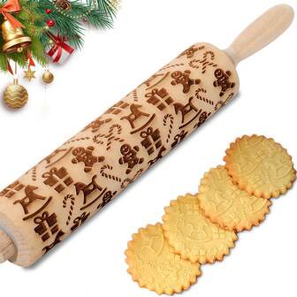 Rodillo de madera navideño, rodillo de amasar con relieve navideño para hornear con diseños grabados, rodillos con relieve con patrones profundamente grabados, prensa de galletas DIY con elementos festivos y patrones navideños para hornear con relieve