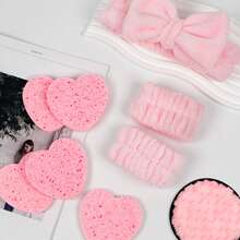 4 piezas Almohadillas de algodón de pulpa de madera para limpieza facial, diadema, muñequera, borla desmaquillante de terciopelo doble, maquillaje de belleza