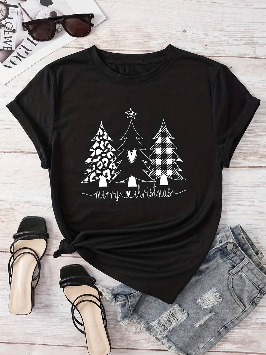 Women's Casual Christmas Print Round Neck T-Shirt, Summer - Black - View 1