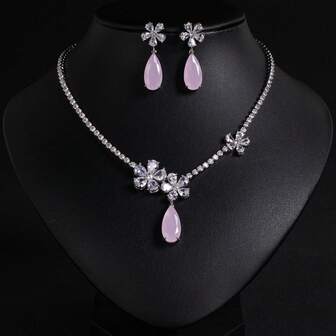 Set de 3 piezas de aretes y collar con flor y lágrima de circonita cúbica en color plata/rosa/multicolor, adecuado para mujer/novia/dama de honor/fiesta/boda, regalo de joyería de moda