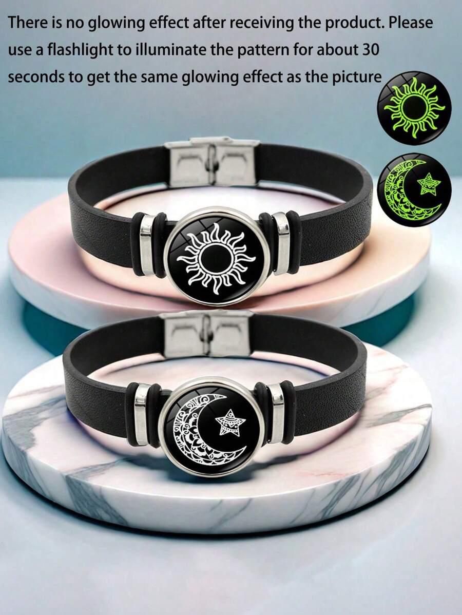 2 件夜光太阳和月亮手链，适合日常佩戴，适合作为礼物送给朋友 - 黑色 - 查看 1