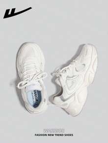 1 双 WARRIOR 女式海军蓝厚底厚底运动鞋，系带软底休闲鞋，低帮户外平底鞋，夏季一脚蹬通勤鞋，圆头低跟防滑纯色优雅徒步适合学生毕业照平底鞋，女式低帮皮革运动滑板鞋 - WBN(JS)-0578白銀色 - 查看 5