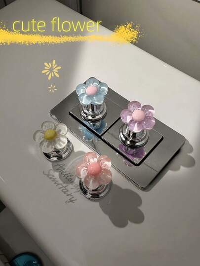 1pc/2pcs Floral Cartoon Toilet Flush Handle, Flower Shaped Toilet Flush Button, Toilet Tank Button, Flower Toilet Push Button, Toilet Flush Button Lever Tool, Creative Floral Drawer Cabinet Handle - Easy To Press, Fashionable Bathroom Accessory, Elegant Touch, Suitable For Long Nails Design