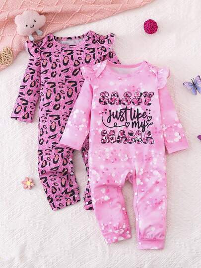 2pcs/Set Baby Girls' Autumn/Winter Leopard Print & Letter Graphic Romper With Flutter Sleeves, Cute Casual Outfit